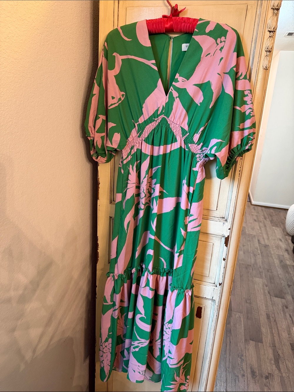 Taylor Green Dress with Pink Floral Accents